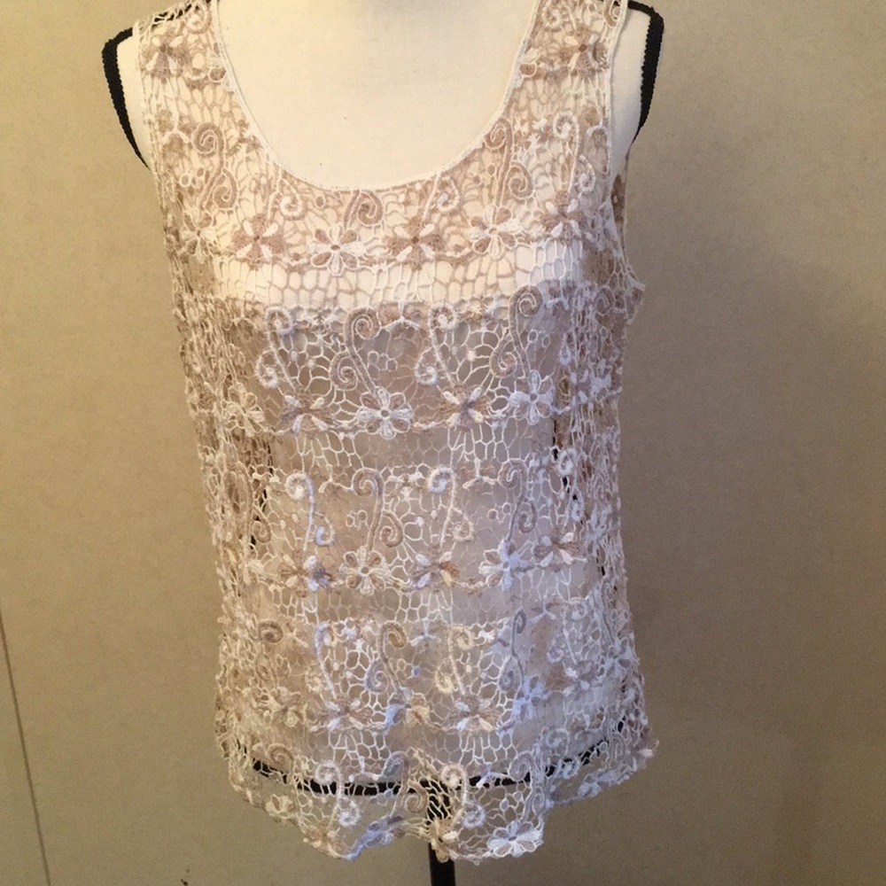 Adiva Crochet Lace Tank Khaki & White Sz L